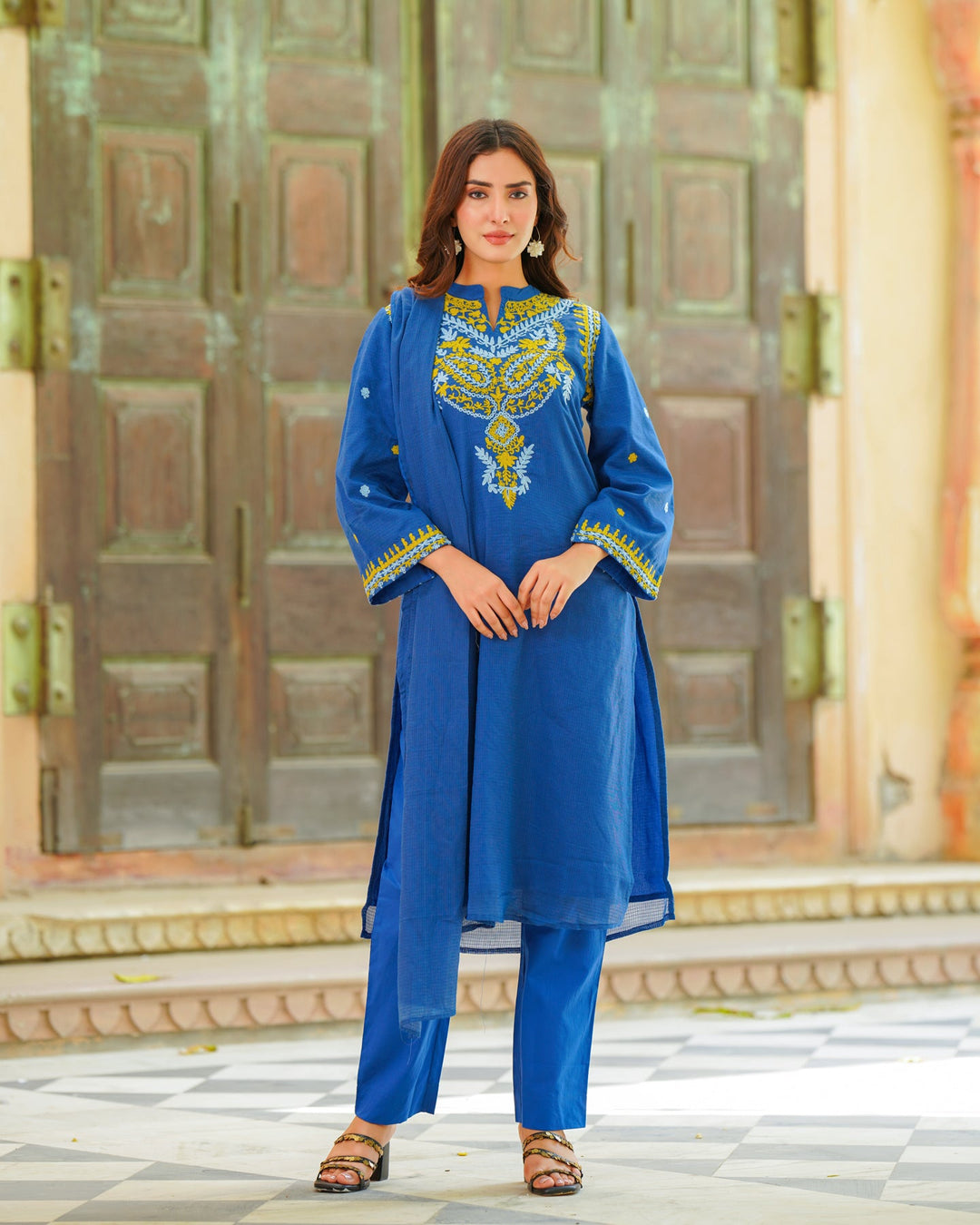 Royal-Blue-Kota-Doria-Straight-3-Piece-Kurta-Set