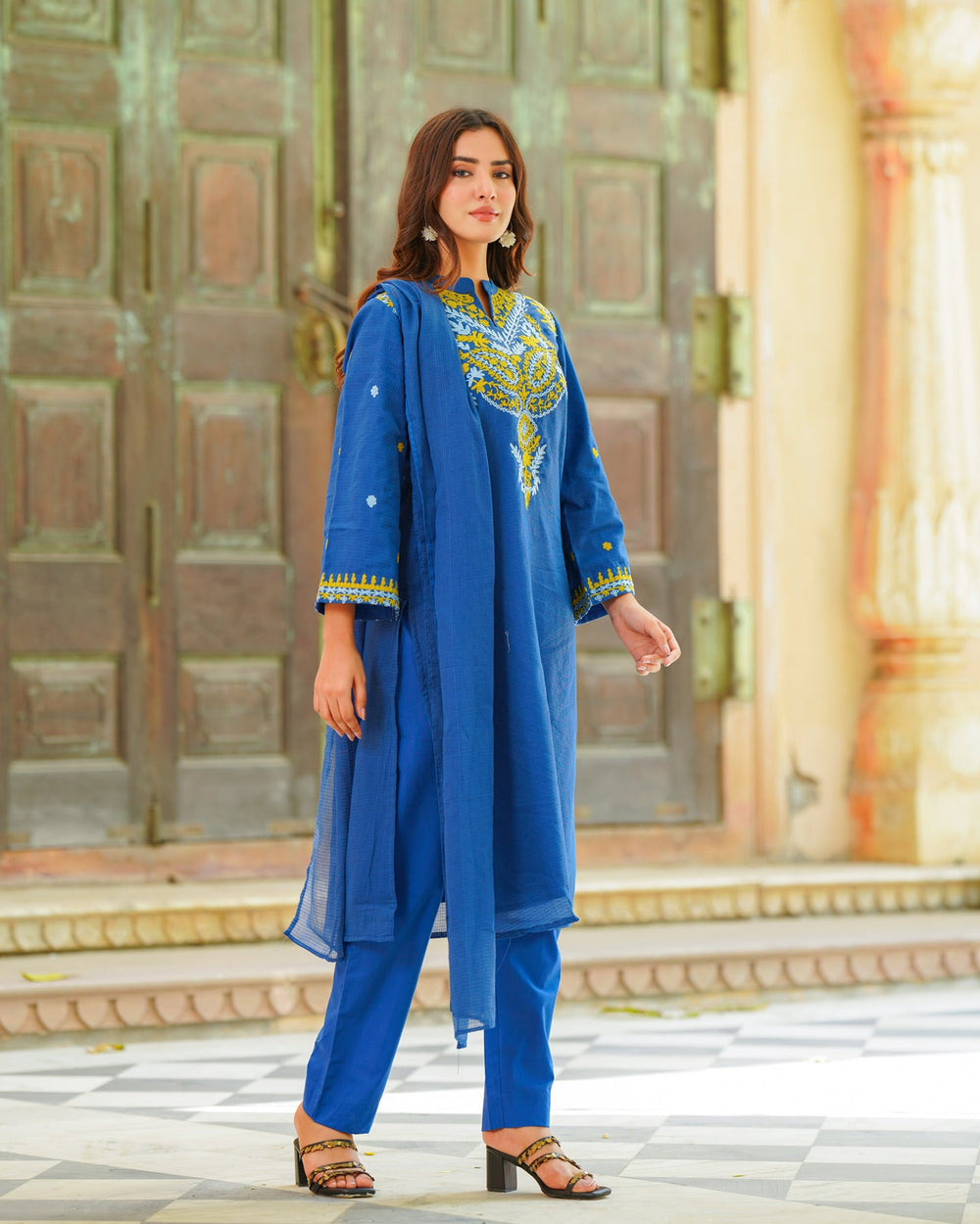 Royal-Blue-Kota-Doria-Straight-3-Piece-Kurta-Set
