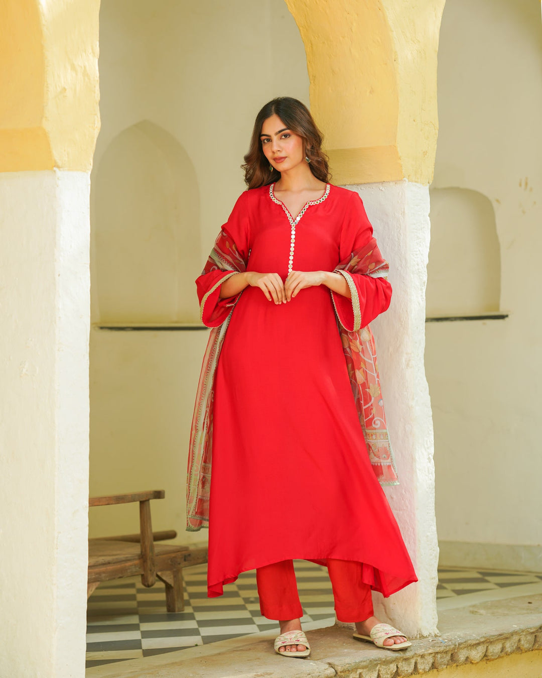 Red-Muslin-Kalamkari-Embroidered-A-Line-3-Piece-Kurta-Set