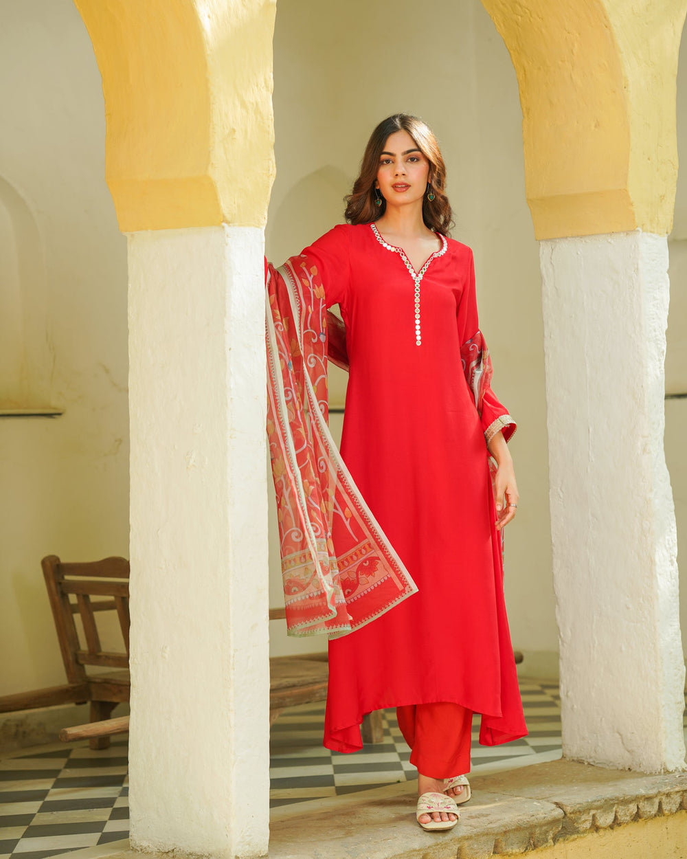 Red-Muslin-Kalamkari-Embroidered-A-Line-3-Piece-Kurta-Set