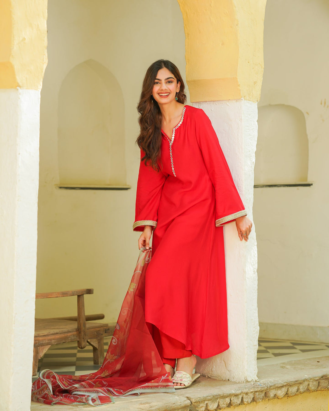 Red-Muslin-Kalamkari-Embroidered-A-Line-3-Piece-Kurta-Set