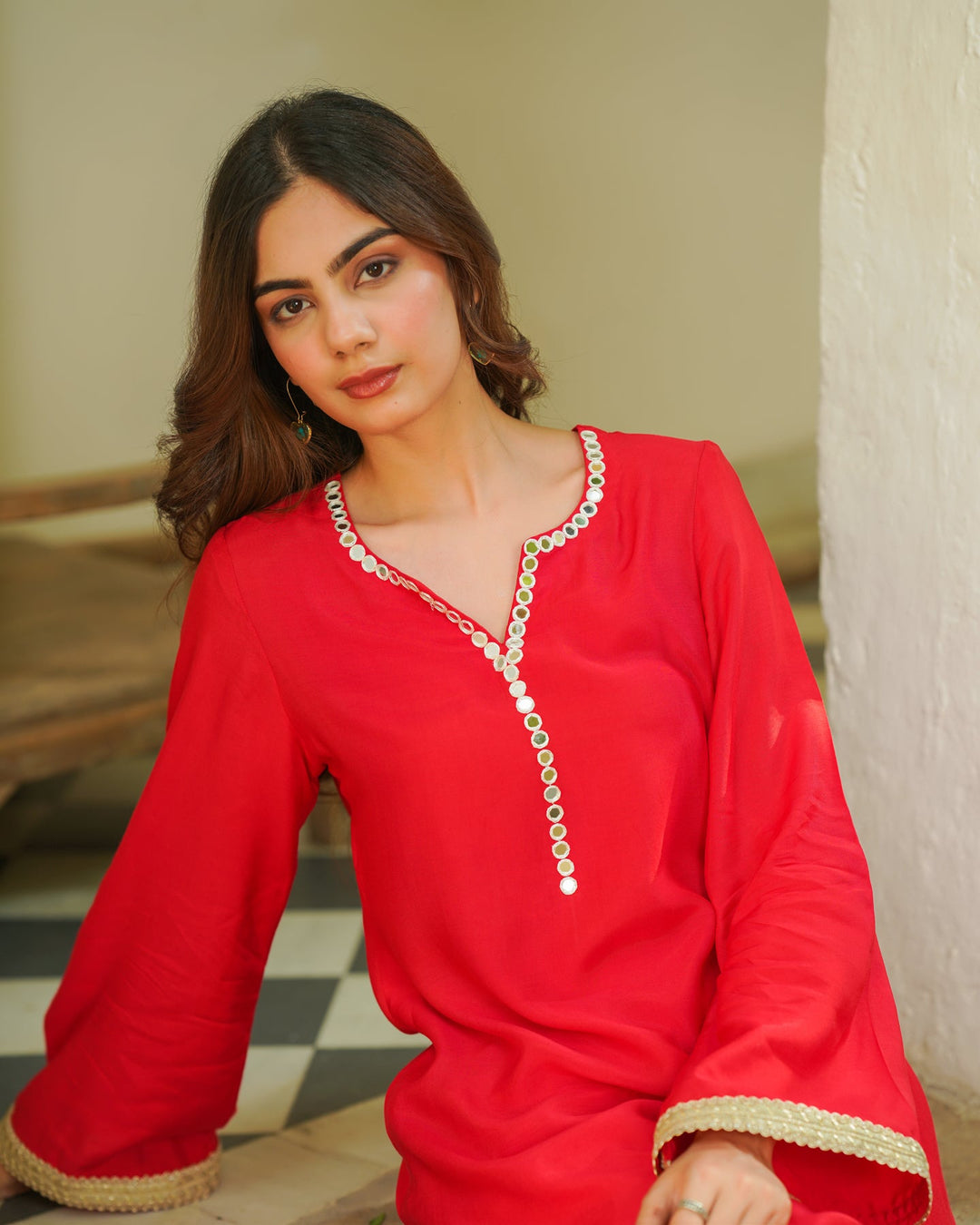 Red-Muslin-Kalamkari-Embroidered-A-Line-3-Piece-Kurta-Set