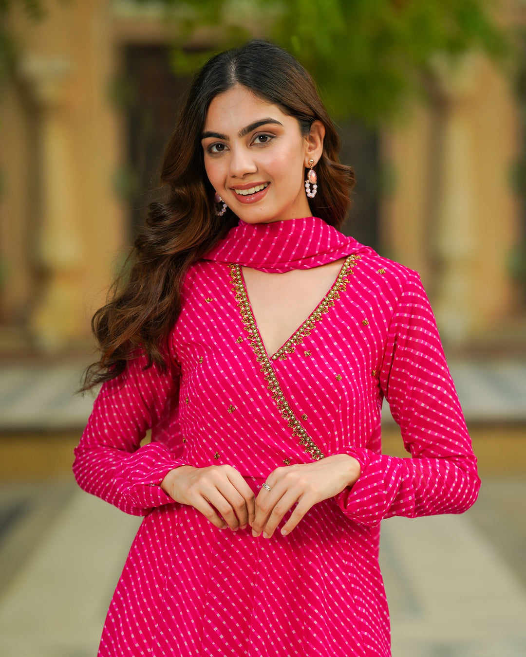 Royal-Pink-Georgette-Embroidered-Kalidaar-3-Piece-Kurta-Set