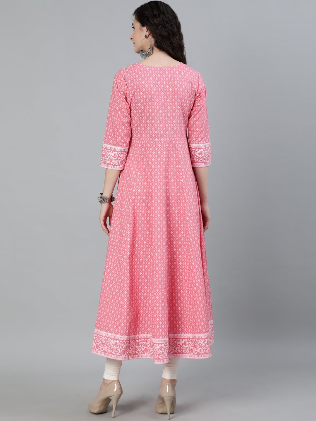 Pink Printed Anarkali With Embroidered Yoke