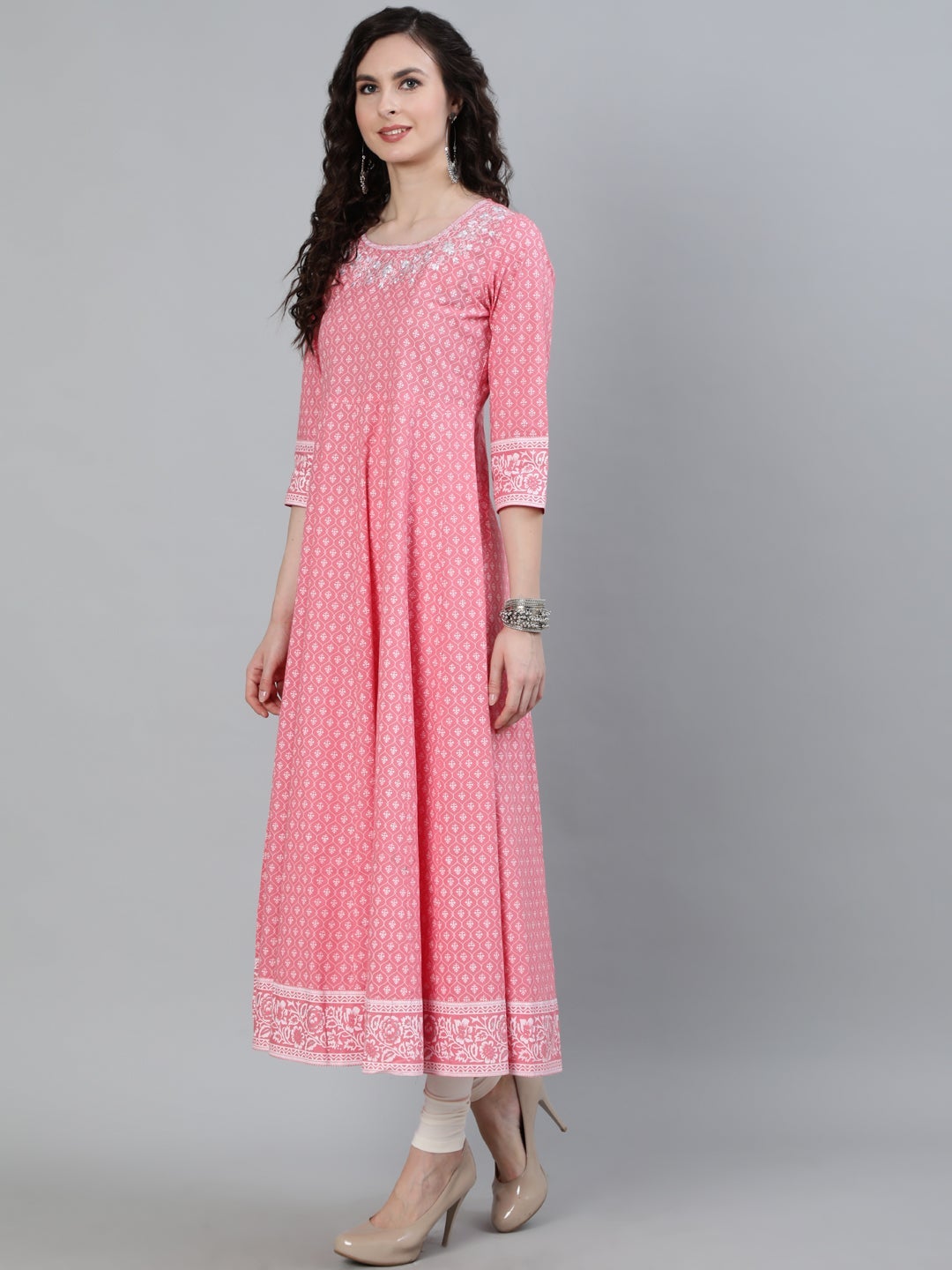 Pink Printed Anarkali With Embroidered Yoke