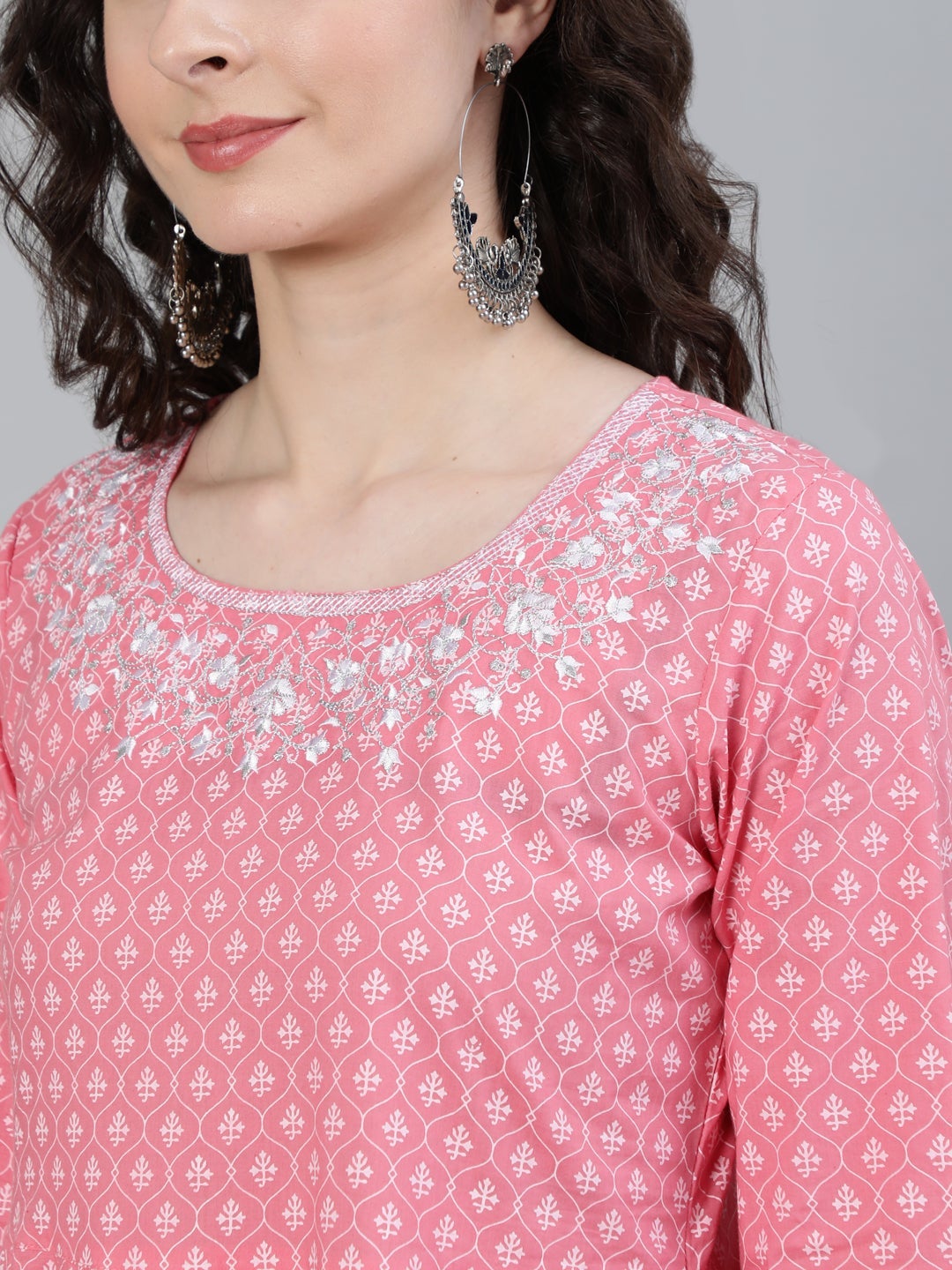 Pink Printed Anarkali With Embroidered Yoke