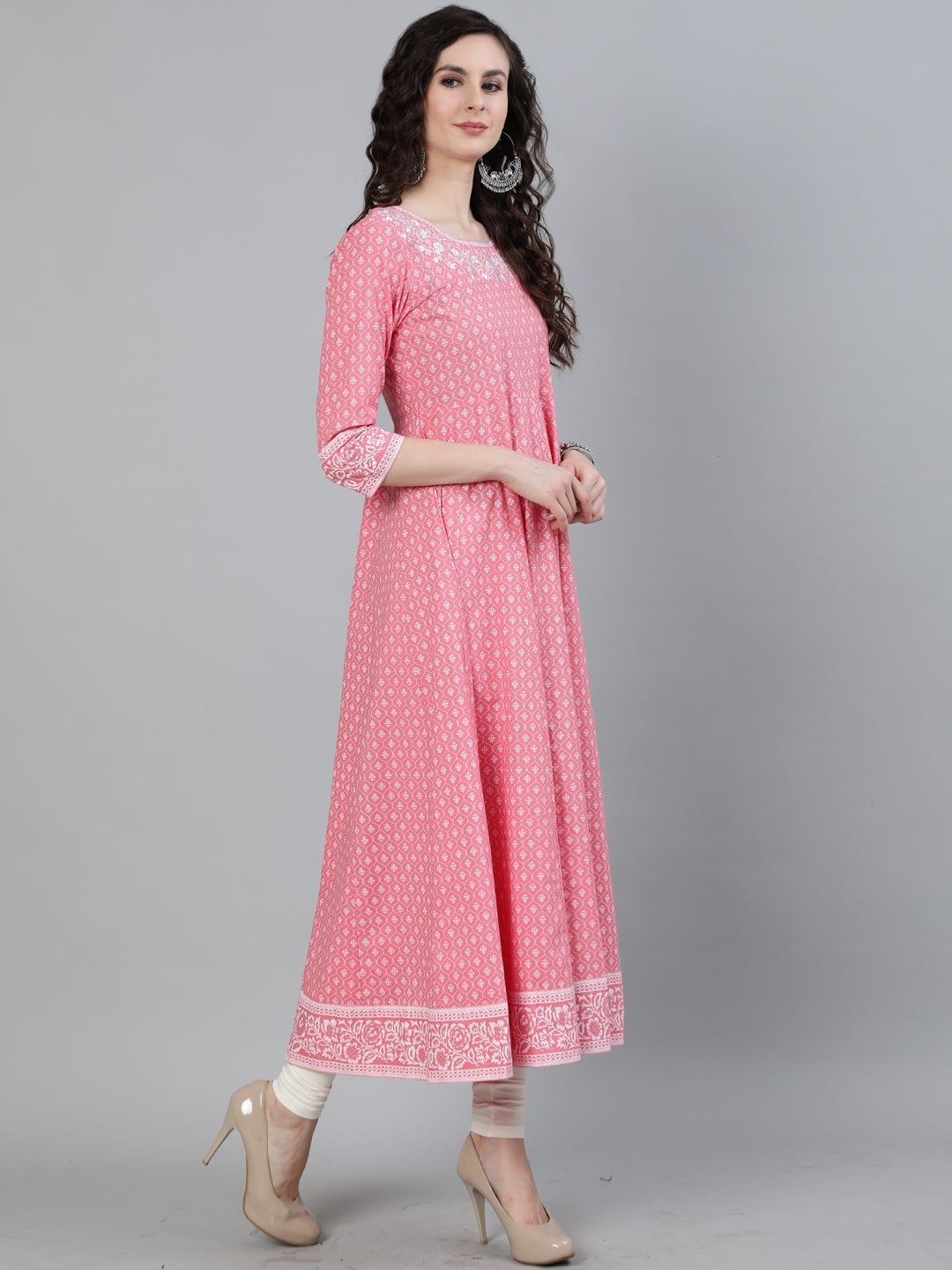 Pink Printed Anarkali With Embroidered Yoke