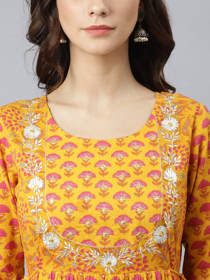 Mustard-Cotton-Floral-Print-Flared-Kurta