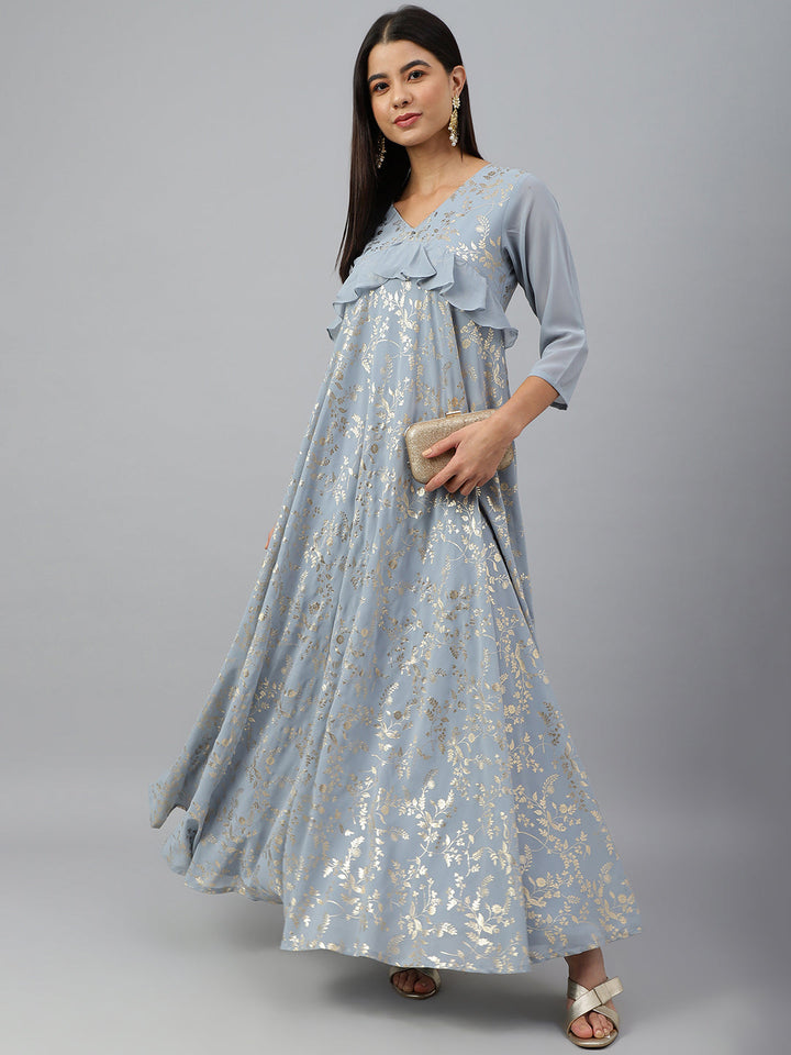 Grey Georgette Foil Printed Long Flared Dress