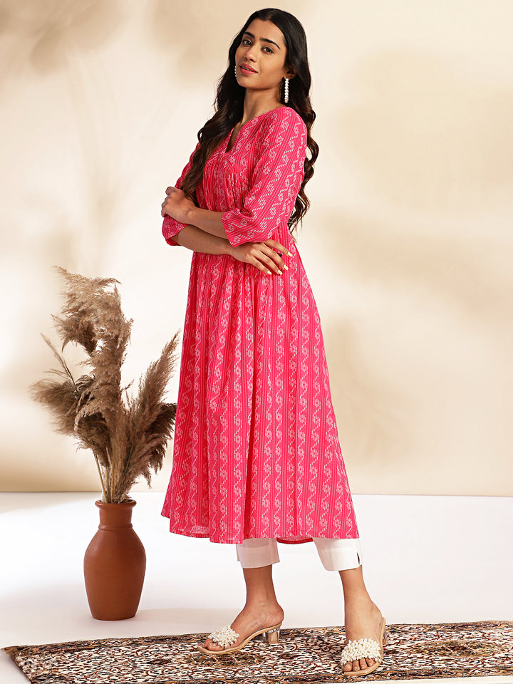 Pink-Cotton-Woven-Design-V-Neck-Kurta