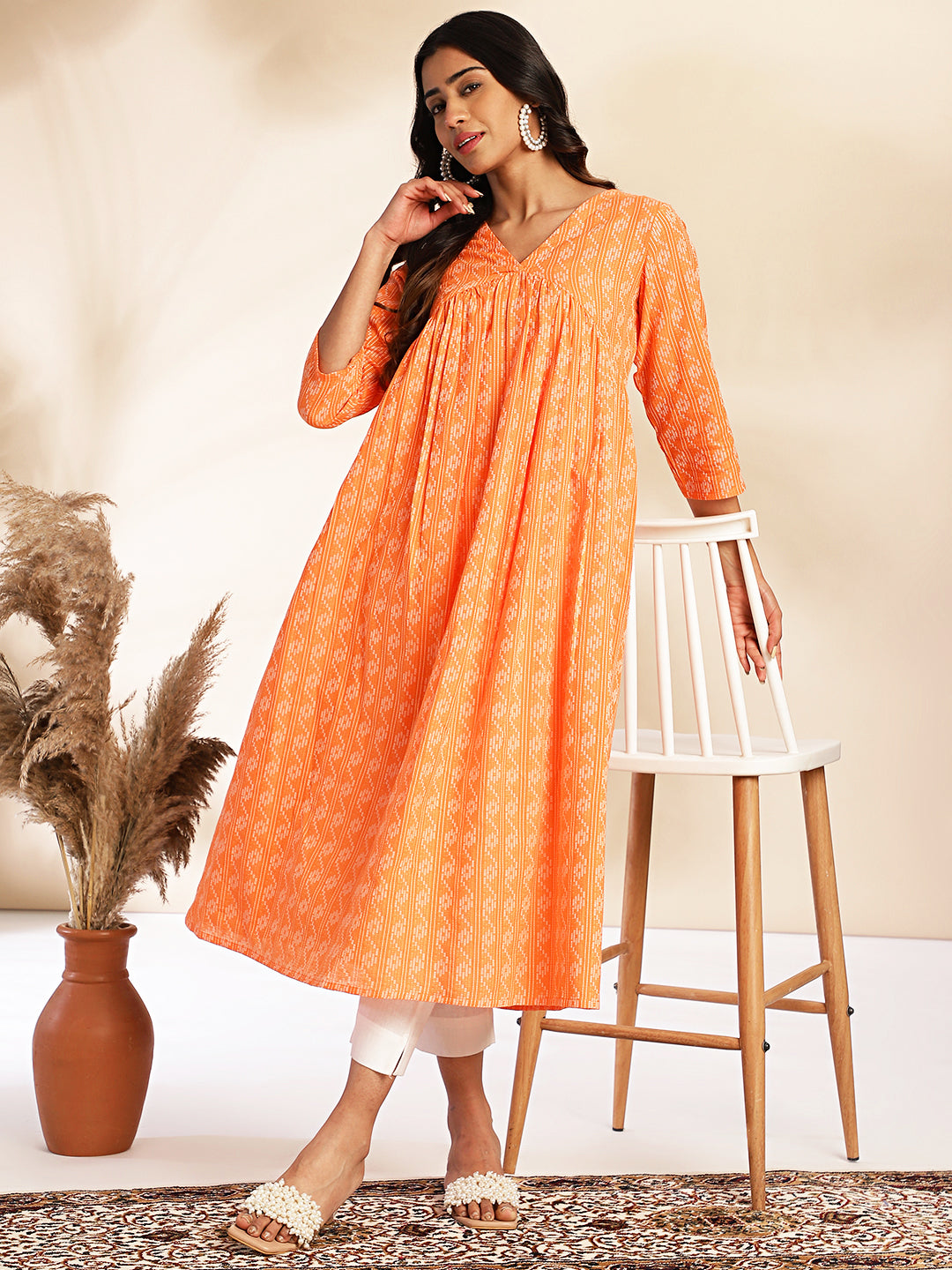 Orange-Cotton-Woven-Design-V-Neck-Kurta