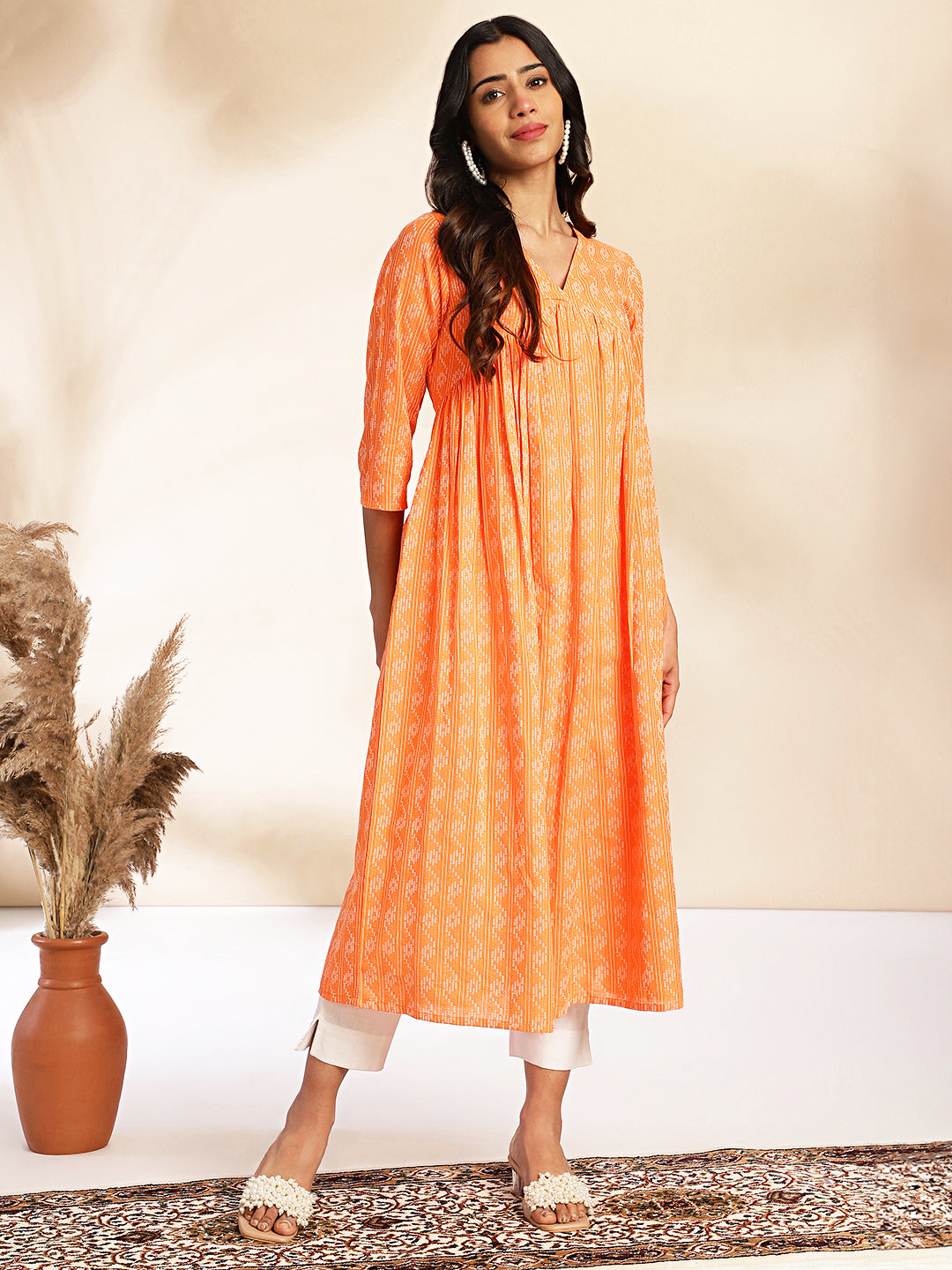 Orange-Cotton-Woven-Design-V-Neck-Kurta