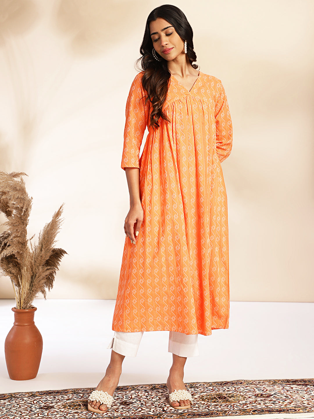 Orange-Cotton-Woven-Design-V-Neck-Kurta