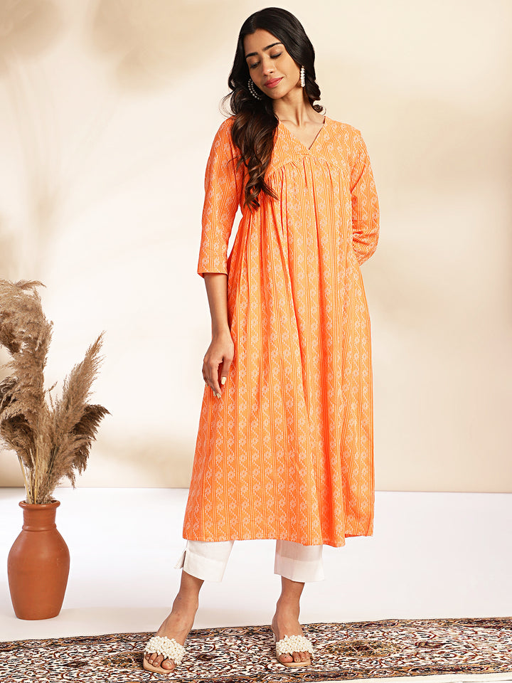 ZERESOUQ-Orange-Cotton-Woven-Design-V-Neck-Kurta