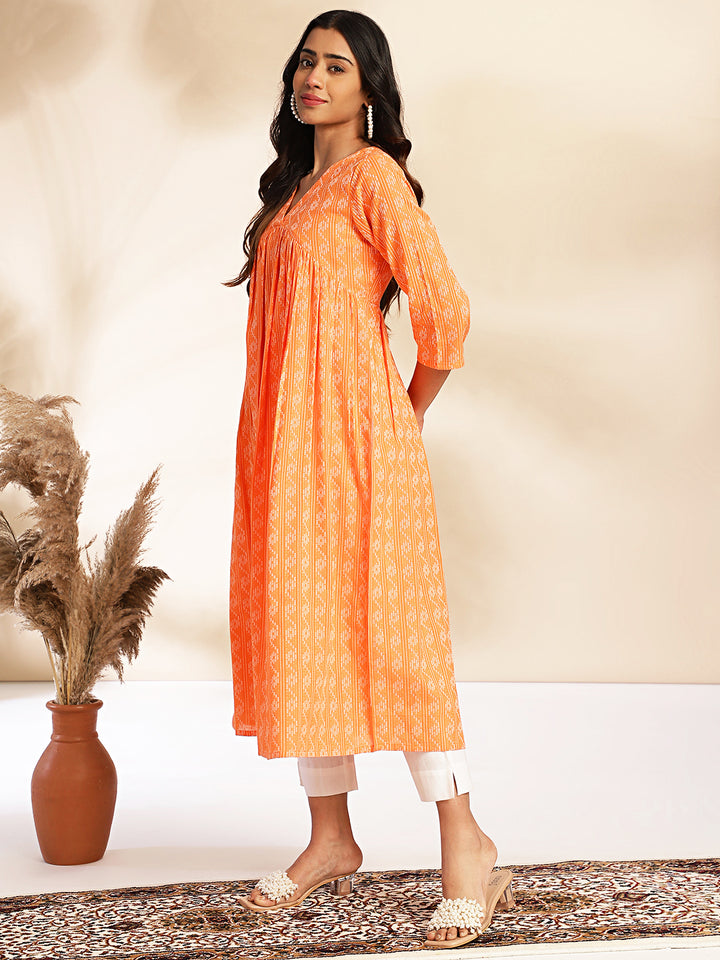 Orange-Cotton-Woven-Design-V-Neck-Kurta