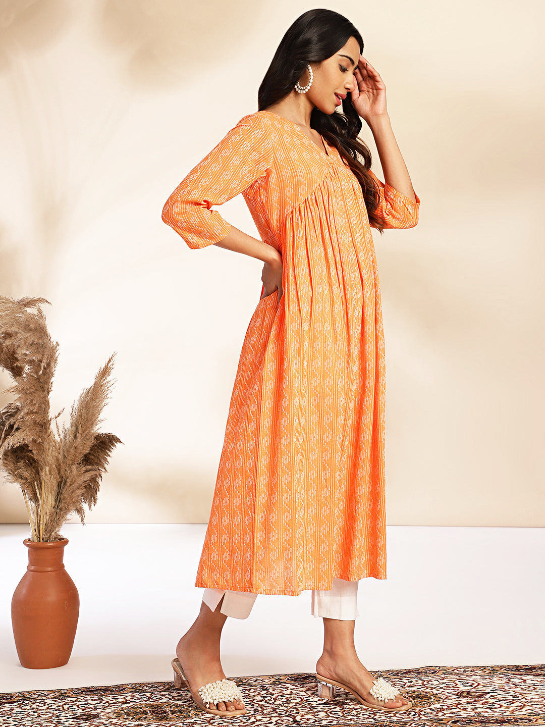 ZERESOUQ-Orange-Cotton-Woven-Design-V-Neck-Kurta