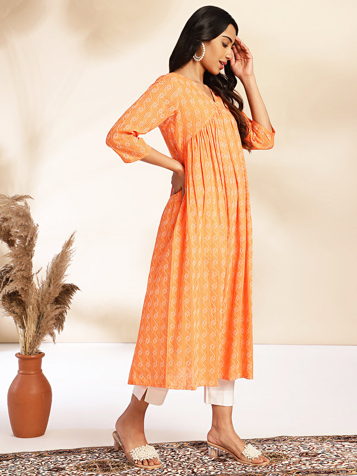 Orange-Cotton-Woven-Design-V-Neck-Kurta