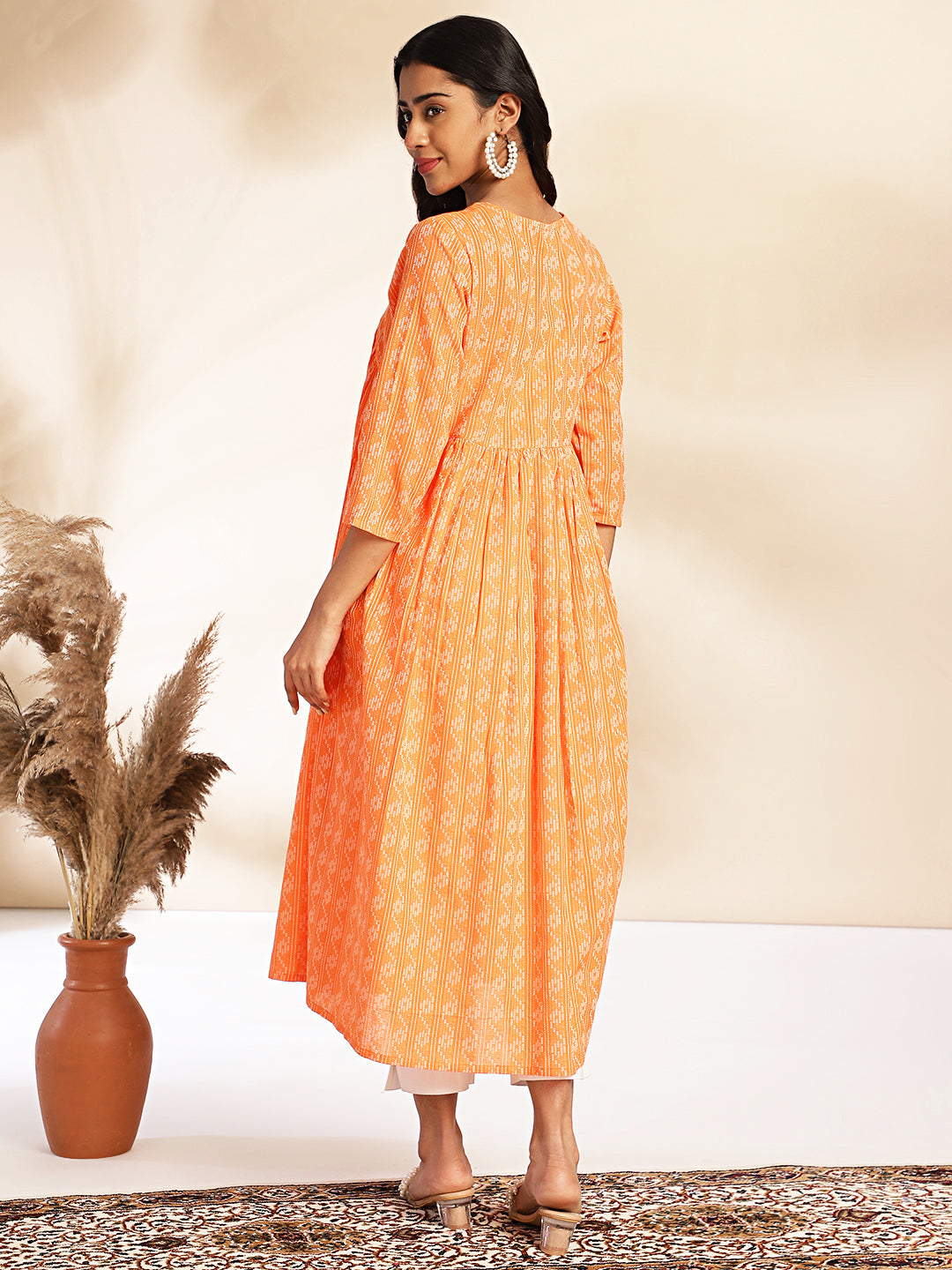 Orange-Cotton-Woven-Design-V-Neck-Kurta