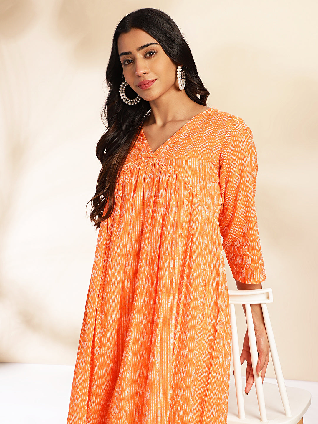 Orange-Cotton-Woven-Design-V-Neck-Kurta