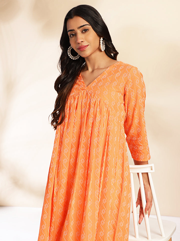 Orange-Cotton-Woven-Design-V-Neck-Kurta