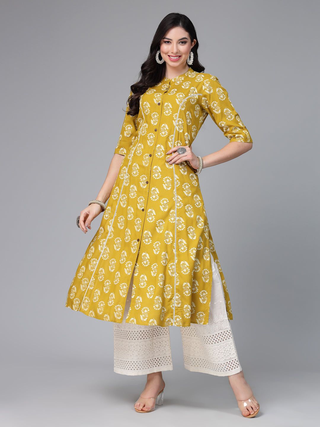 Lime-Green-Rayon-Floral-Printed-A-Line-Kurta-Only