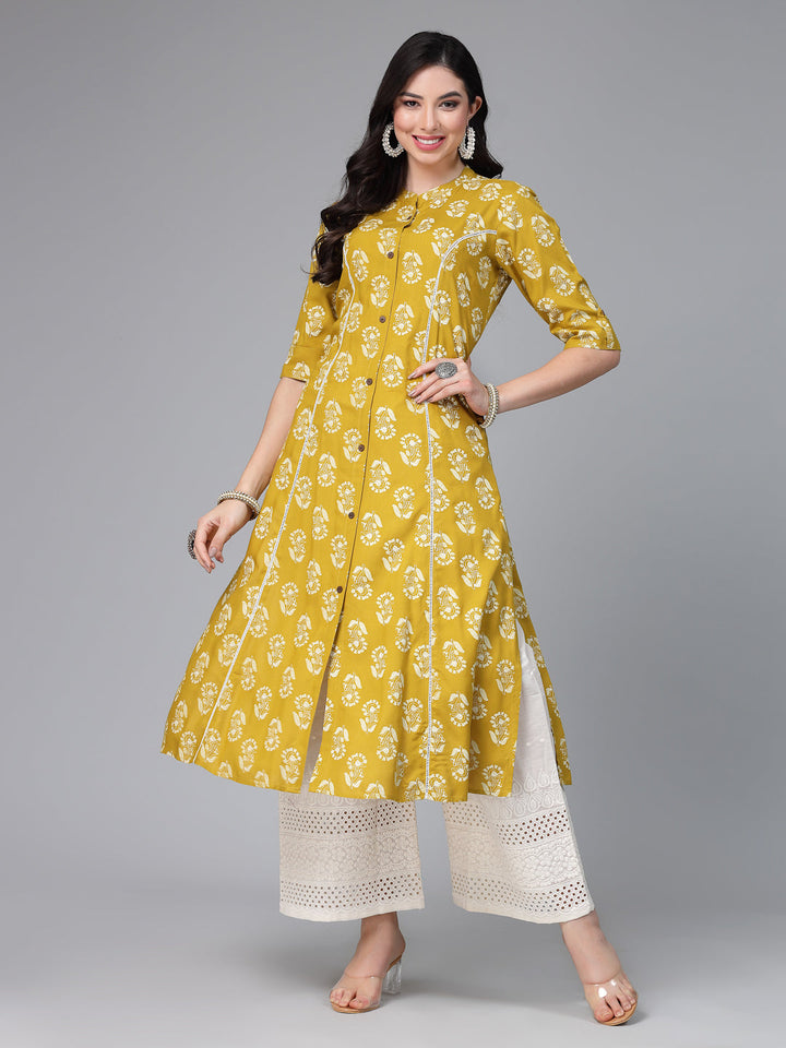 Lime-Green-Rayon-Floral-Printed-A-Line-Kurta-Only