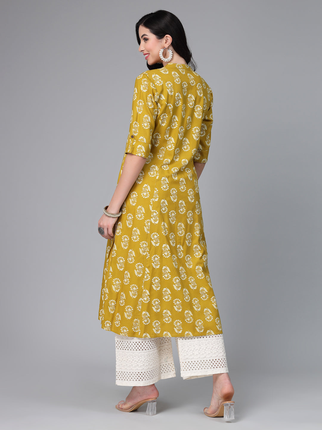 Lime-Green-Rayon-Floral-Printed-A-Line-Kurta-Only