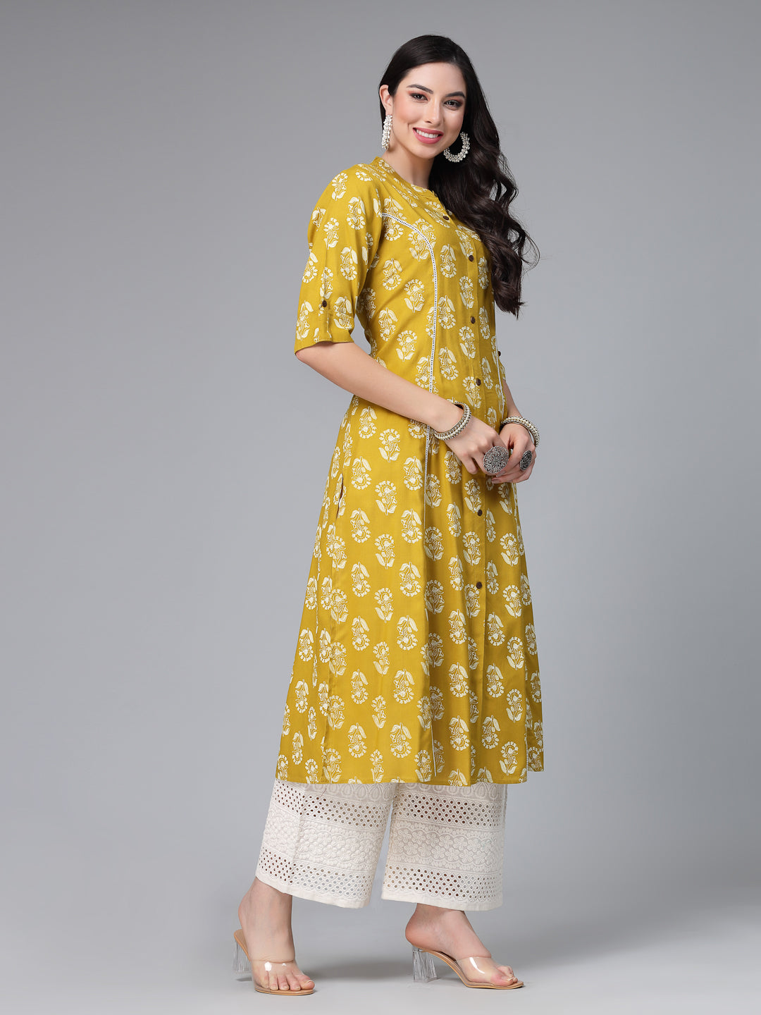 Lime-Green-Rayon-Floral-Printed-A-Line-Kurta-Only