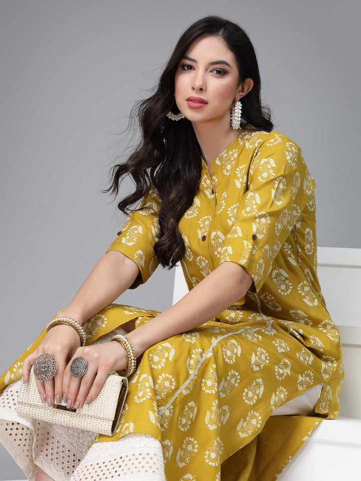 Lime-Green-Rayon-Floral-Printed-A-Line-Kurta-Only