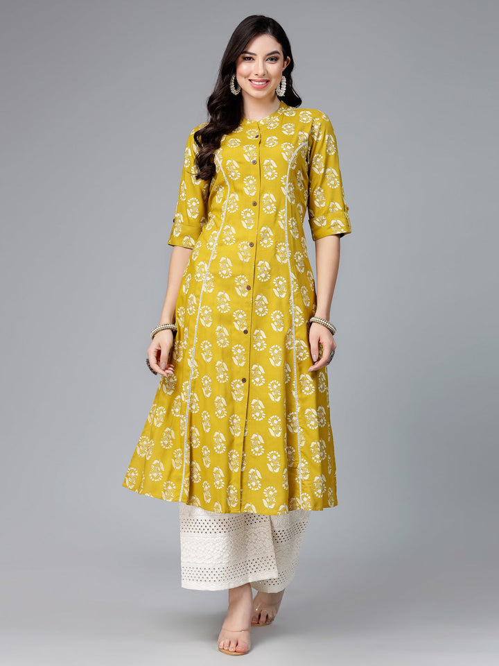 Lime-Green-Rayon-Floral-Printed-A-Line-Kurta-Only