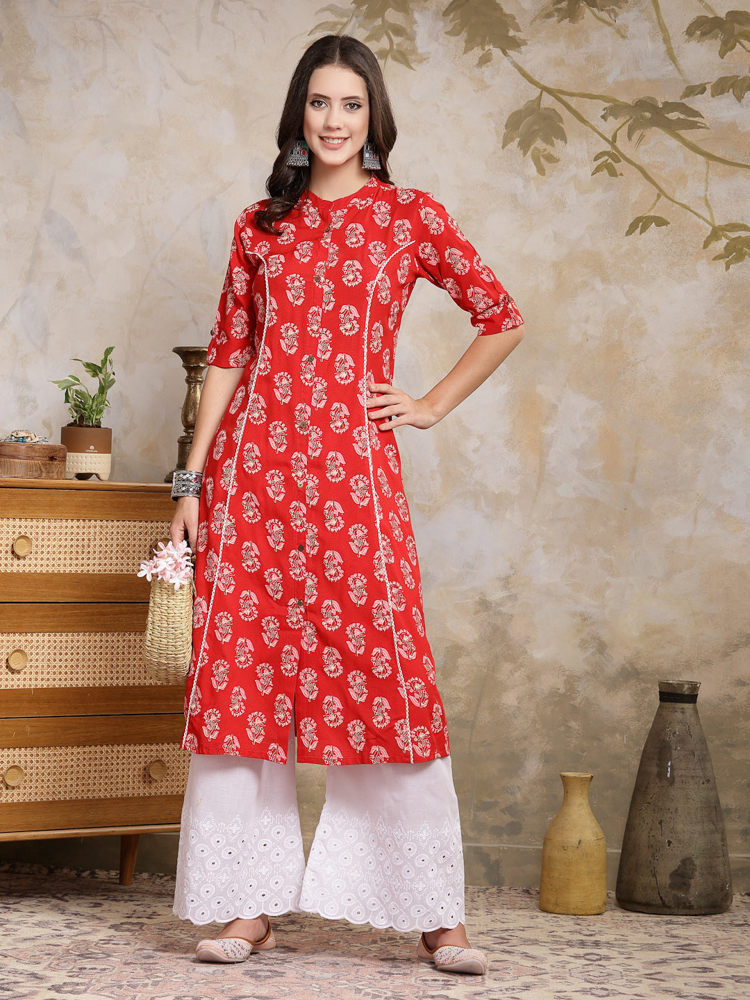 Red-Rayon-Floral-Printed-A-Line-Kurta-Only