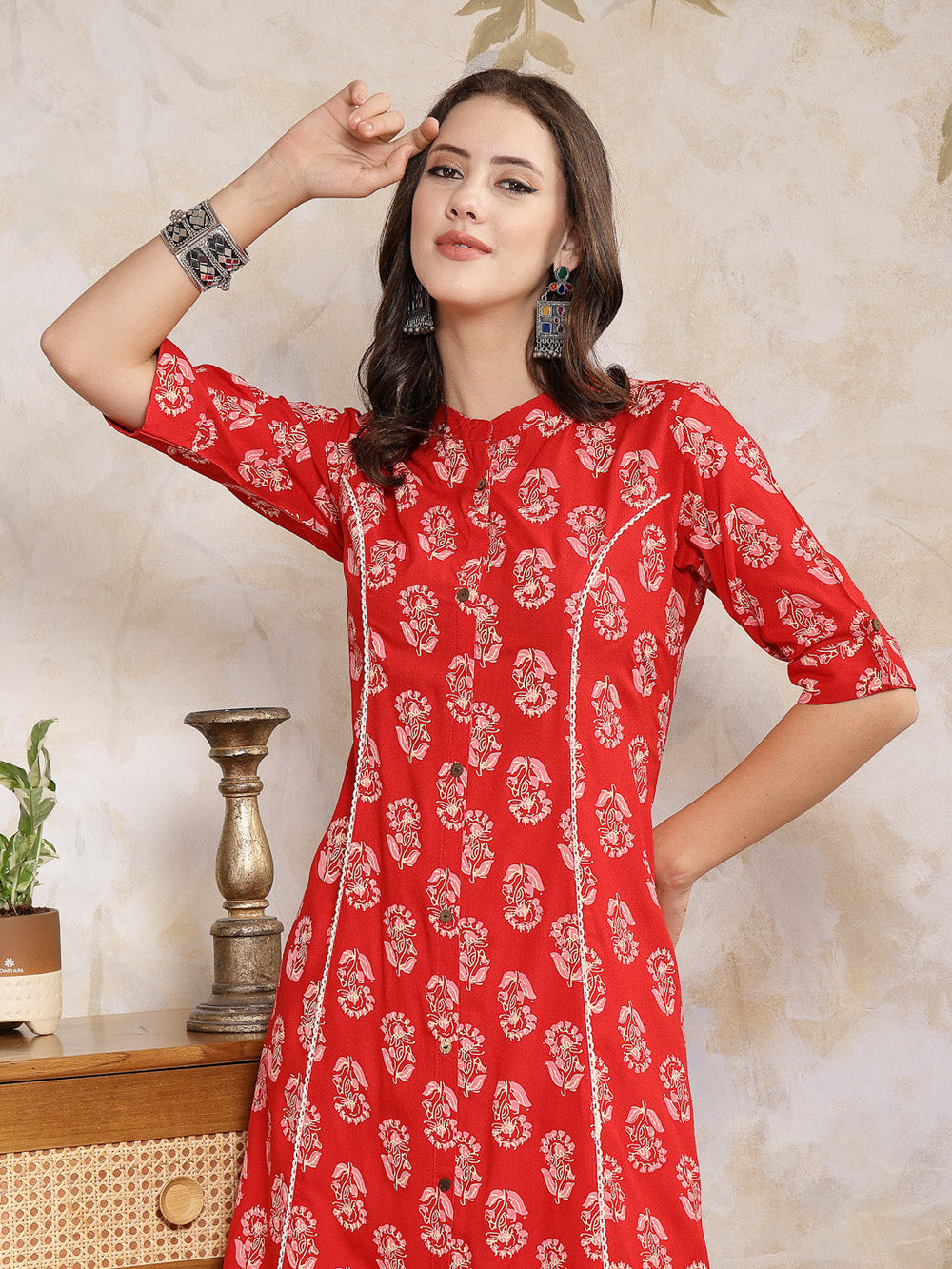 Red-Rayon-Floral-Printed-A-Line-Kurta-Only