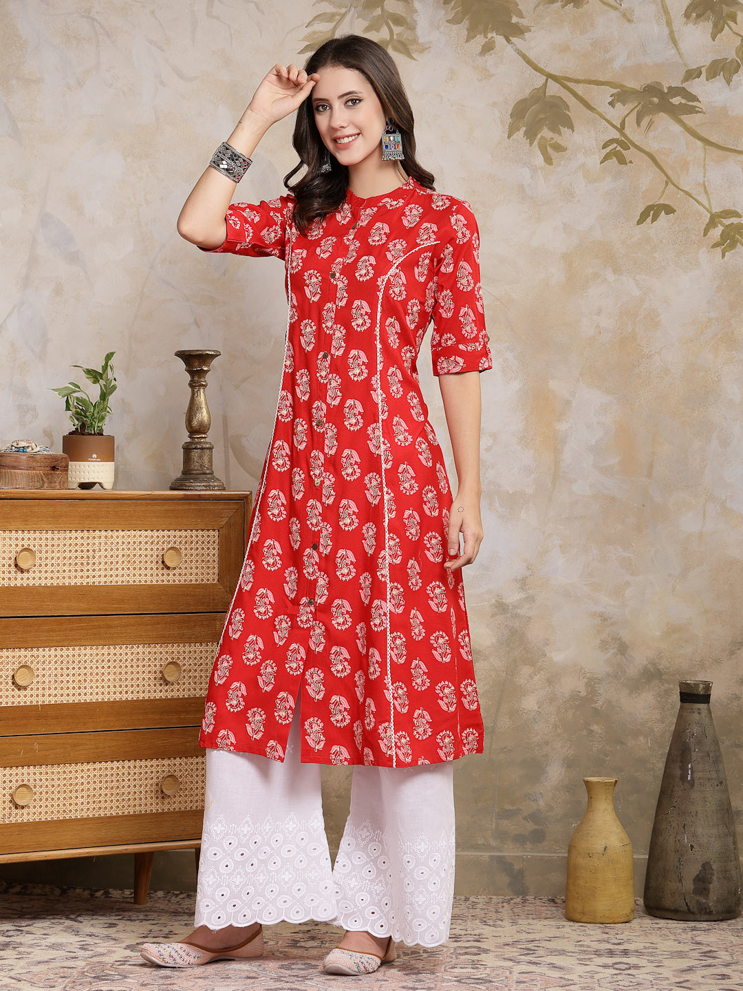 Red-Rayon-Floral-Printed-A-Line-Kurta-Only