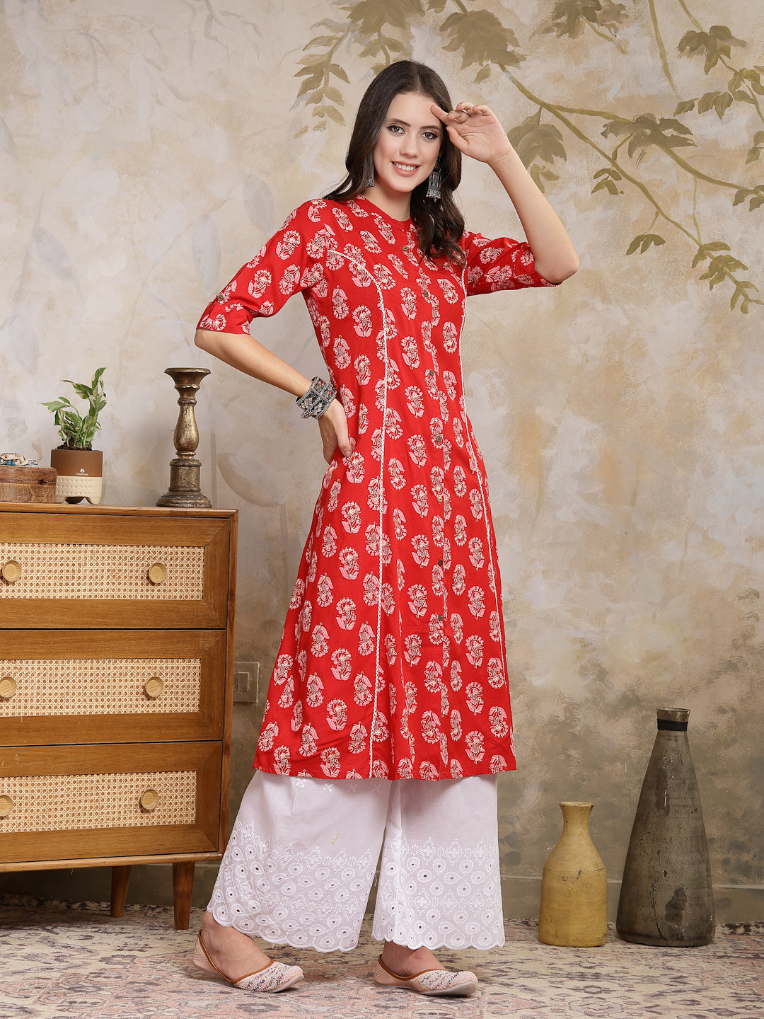 Red-Rayon-Floral-Printed-A-Line-Kurta-Only