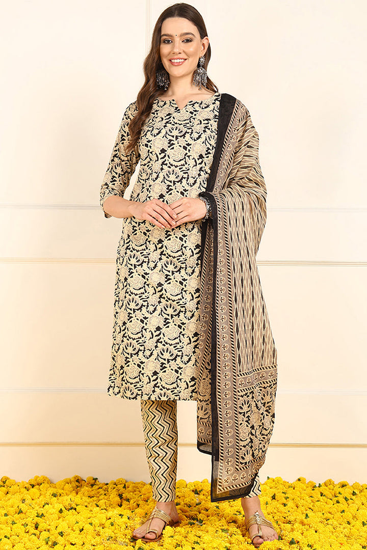 Black-Pure-Cotton-Floral-Printed-Straight-3-Piece-Kurta-Set