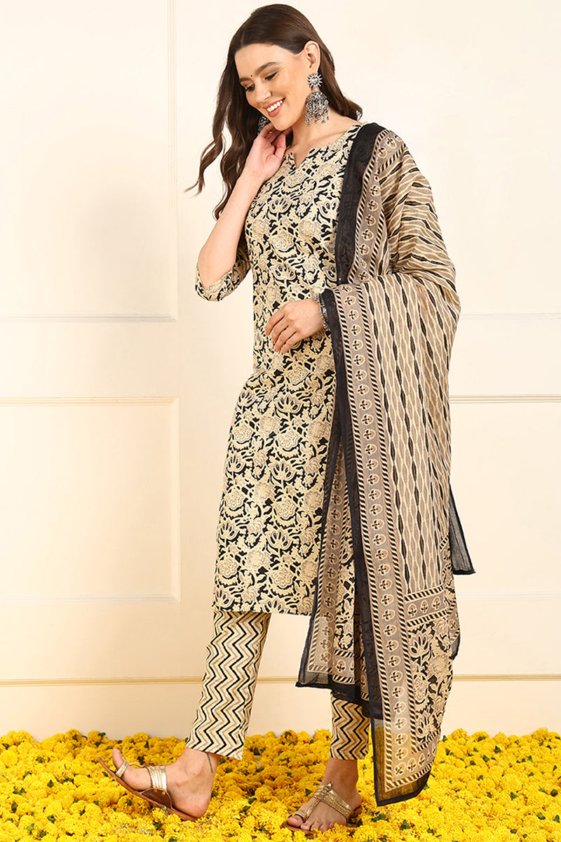 Black-Pure-Cotton-Floral-Printed-Straight-3-Piece-Kurta-Set