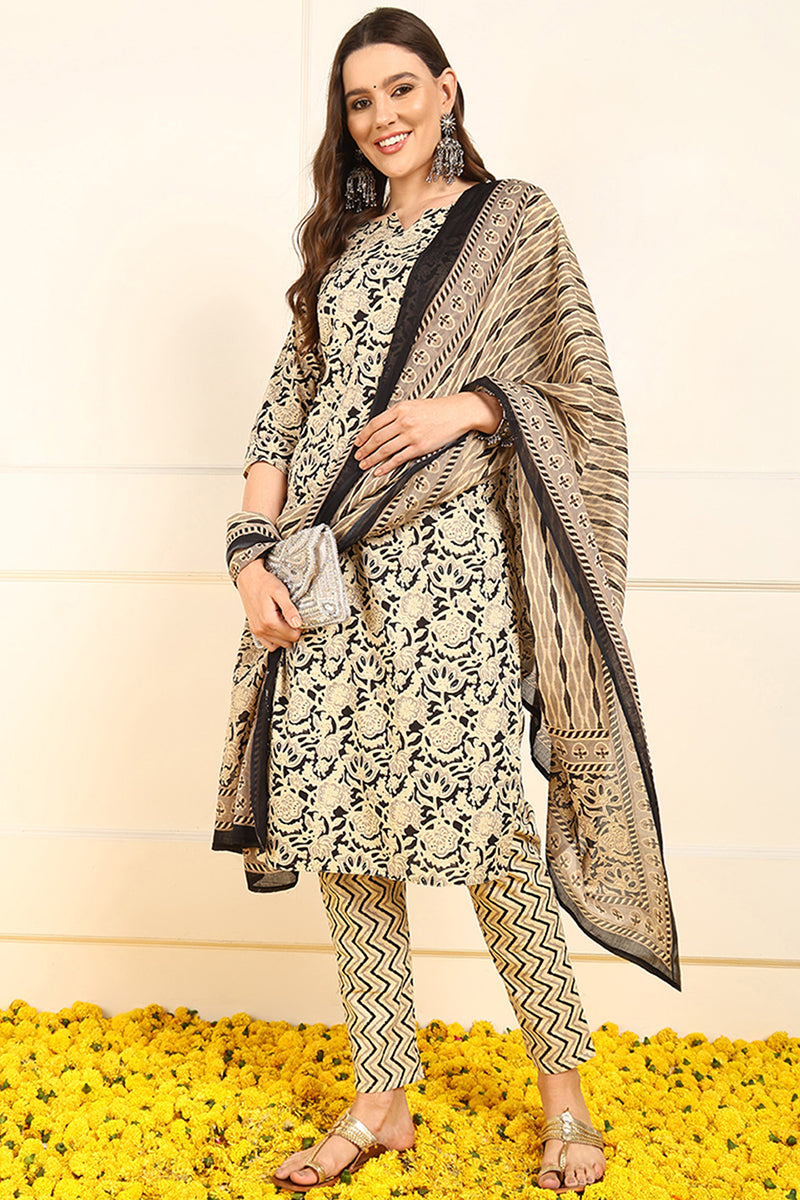 Black-Pure-Cotton-Floral-Printed-Straight-3-Piece-Kurta-Set
