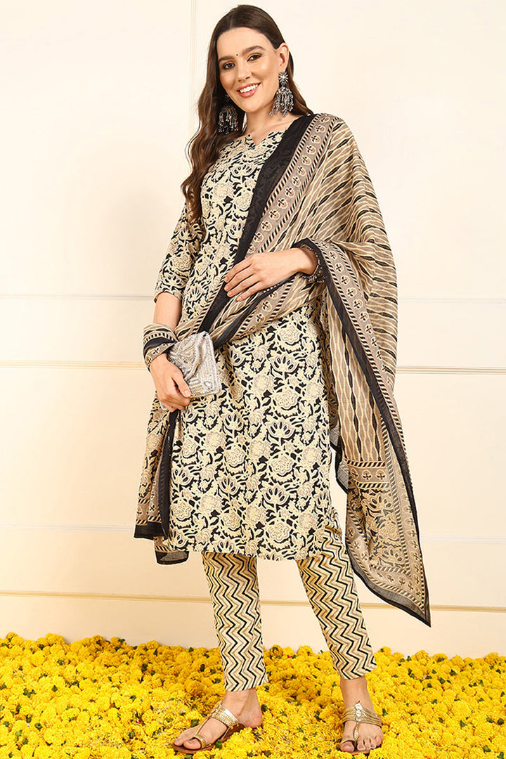 Black-Pure-Cotton-Floral-Printed-Straight-3-Piece-Kurta-Set