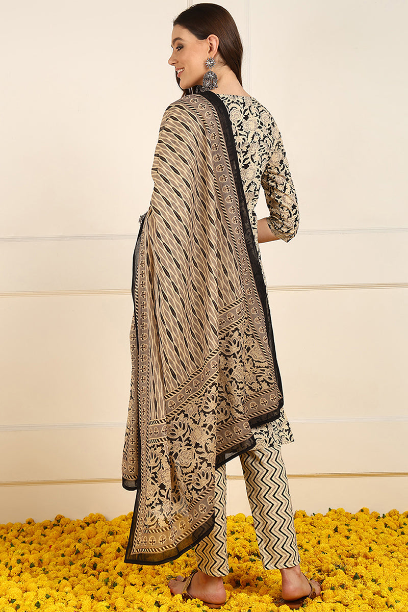 Black-Pure-Cotton-Floral-Printed-Straight-3-Piece-Kurta-Set