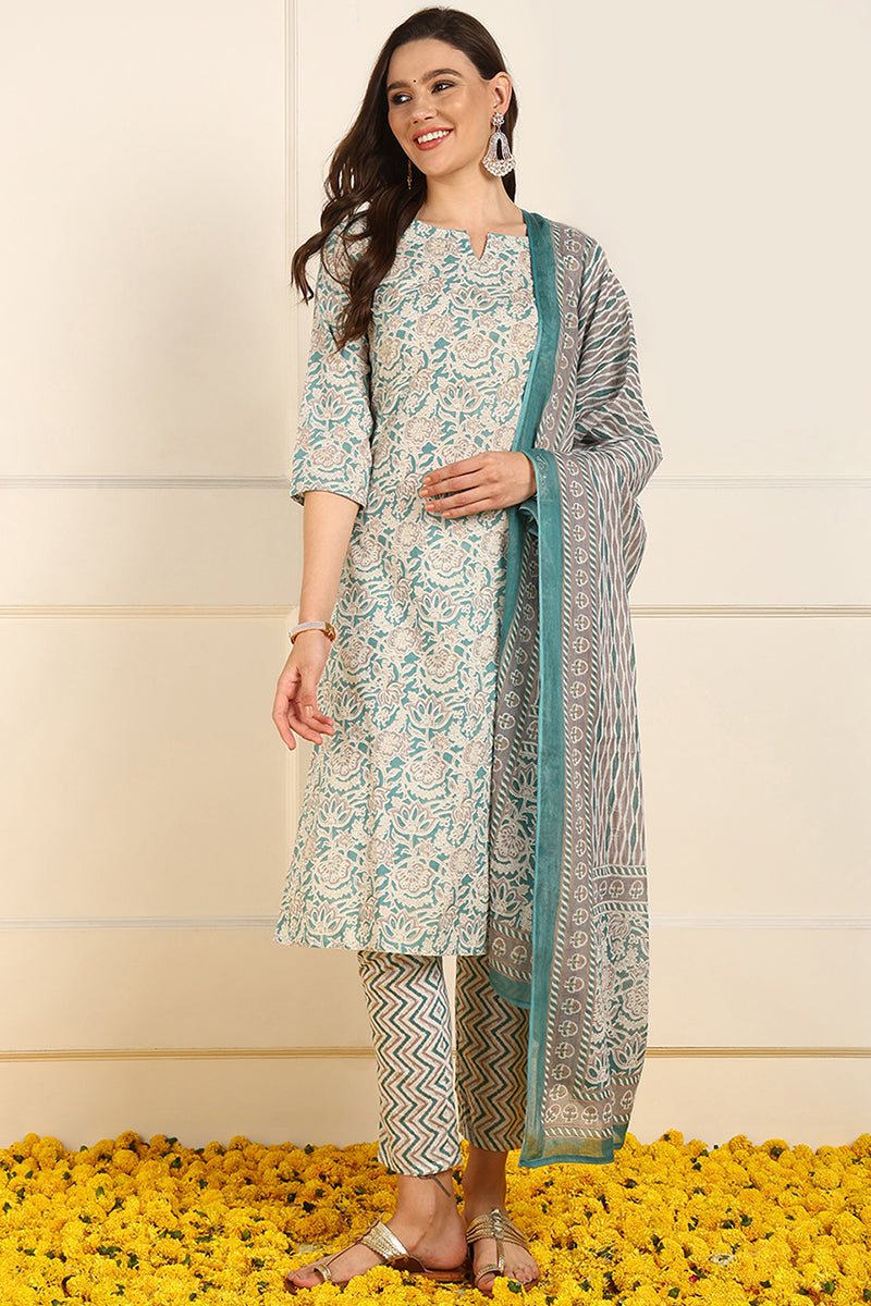 Teal-Pure-Cotton-Floral-Printed-Straight-3-Piece-Kurta-Set