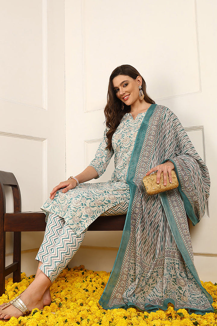 Teal-Pure-Cotton-Floral-Printed-Straight-3-Piece-Kurta-Set