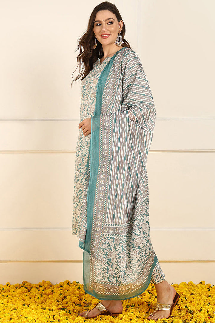 Teal-Pure-Cotton-Floral-Printed-Straight-3-Piece-Kurta-Set