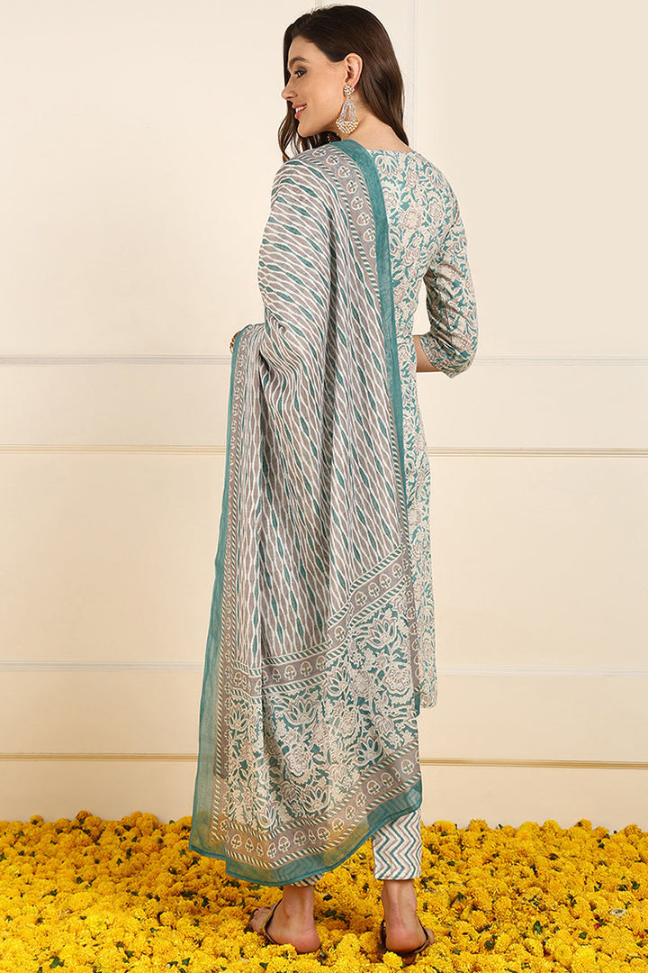 Teal-Pure-Cotton-Floral-Printed-Straight-3-Piece-Kurta-Set