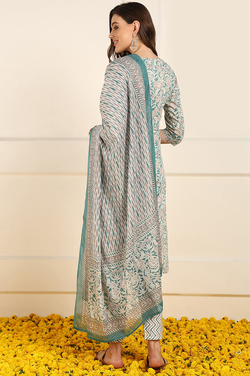 Teal-Pure-Cotton-Floral-Printed-Straight-3-Piece-Kurta-Set