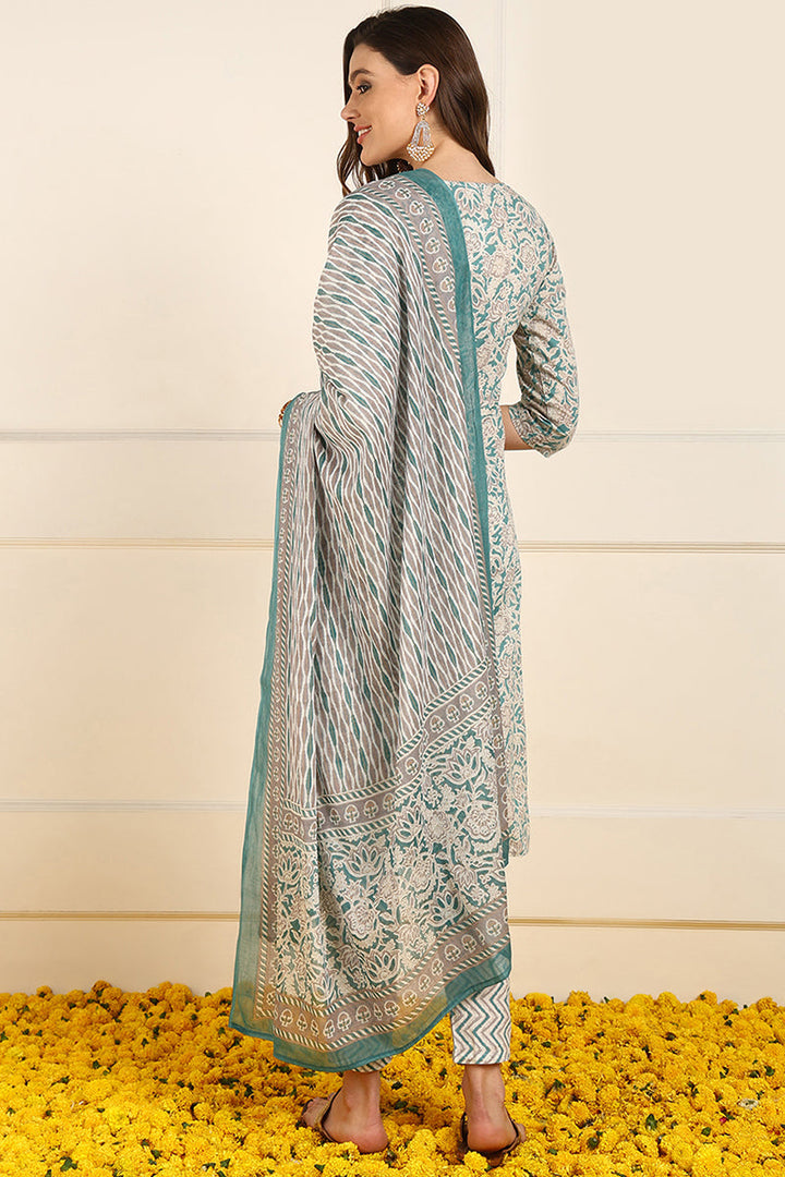Teal-Pure-Cotton-Floral-Printed-Straight-3-Piece-Kurta-Set