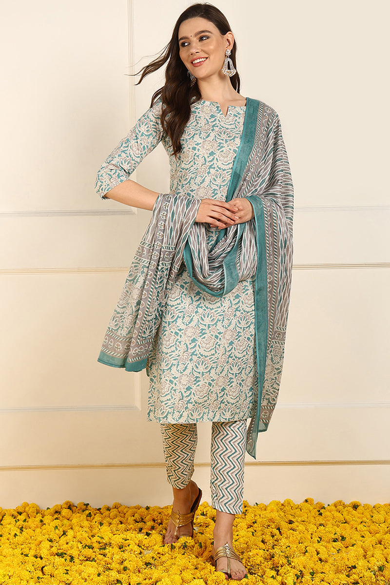 Teal-Pure-Cotton-Floral-Printed-Straight-3-Piece-Kurta-Set