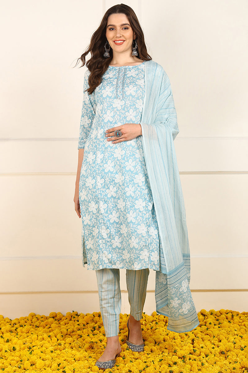 Blue-Cotton-Floral-Printed-Straight-Kurta-Set
