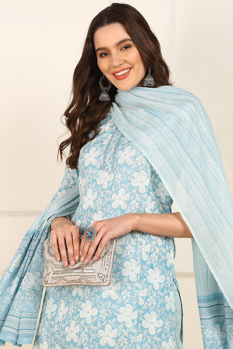 Blue-Cotton-Floral-Printed-Straight-Kurta-Set