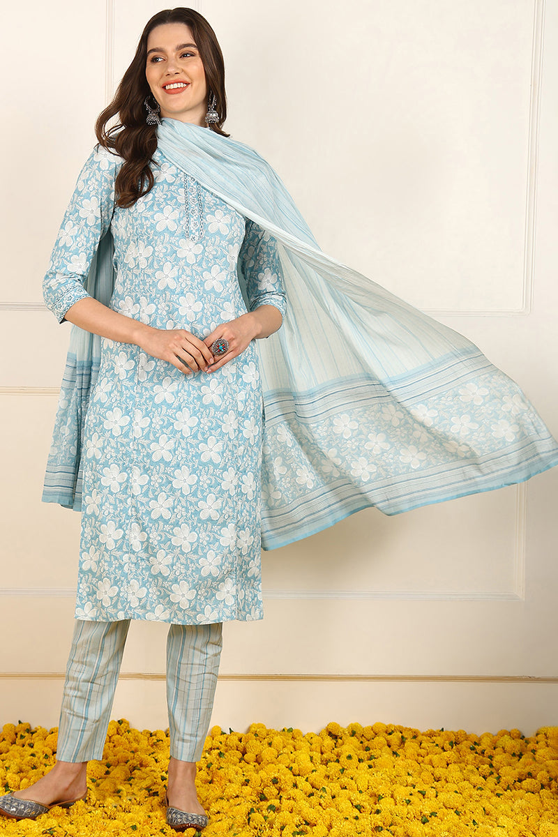 Blue-Cotton-Floral-Printed-Straight-Kurta-Set