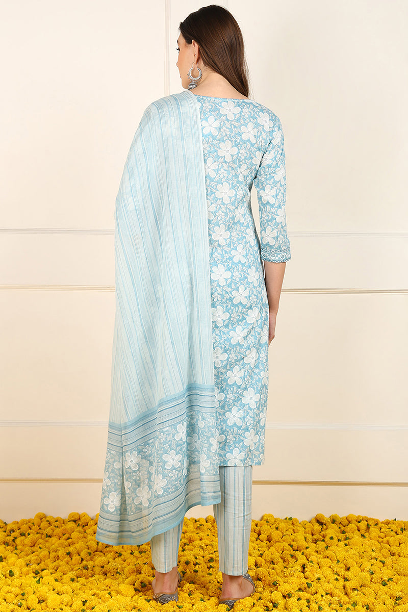 Blue-Cotton-Floral-Printed-Straight-Kurta-Set
